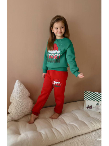 Коледен комплект за момиче от ватирана блуза в зелено с картинка и пан