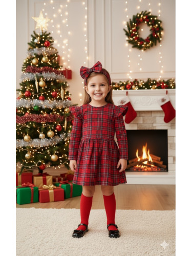 Детска коледна рокля Карена каре Мариелка с дълъг ръкав и с къдрички 