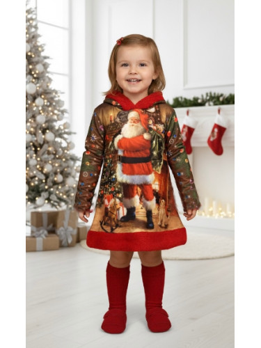 Коледна детска рокля в червено с дядо Коледа с качулка и червен пухкав