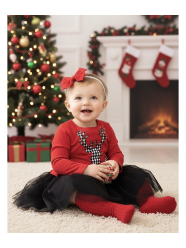 Официална детска/бебешка рокля в червено с черен тюл и еленче на квадр