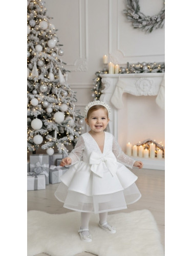 Официална детска рокля Мира с дълъг ръкав в бяло с пайети отгоре от к