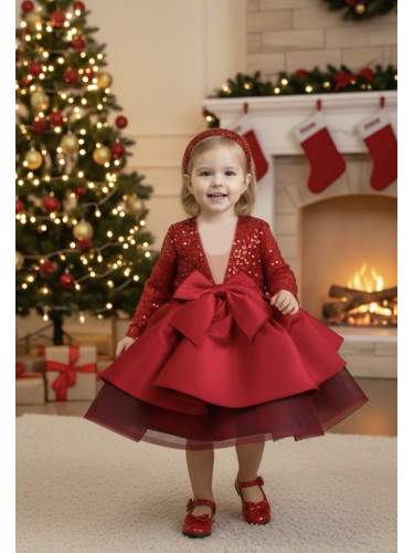 Официална детска рокля с дълъг ръкав Мира в червено с пайети от колекц