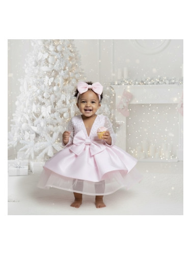 Официална детска рокля Мира с дълъг ръкав в розово с пайети отгоре от