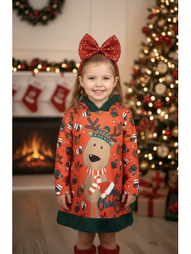 Детска коледна рокля в червено с коледни мотиви и качулка