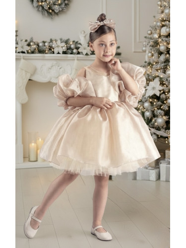 Официална детска рокля с тюл в бежово златисто Даян и панделка за коса