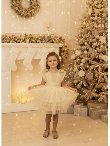 Официална къса детска рокля в златисто с тюл на пластове Малисия 