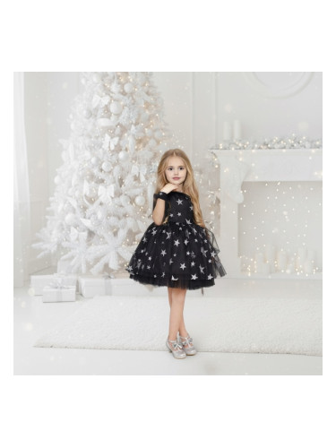 Официална детска рокля в черно на звезди в сребристо и фиба за коса от