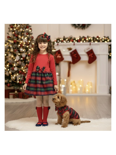 Комплект от 2 части- детска рокля с дълъг ръкав в червено с каре в дол