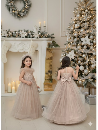 Празнична бална детска дълга рокля в бежово без ръкав Шери от колекци