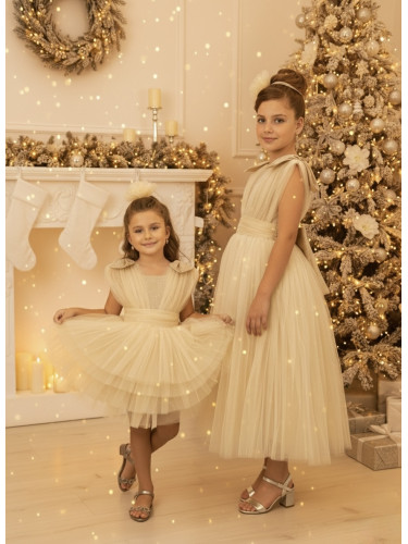 Официална дълга детска рокля Малисия в златисто с тюл и панделка отза
