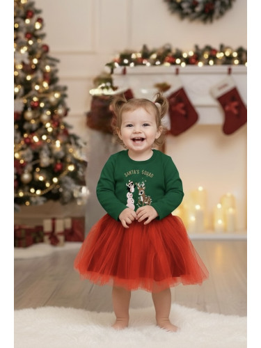 Ватирана коледна детска рокля Каренка в зелено с богат тюл в червено с