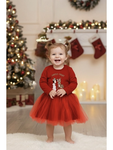 Ватирана коледна детска рокля Каренка с тюл в червено с еленче