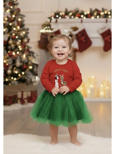 Ватирана коледна детска рокля Каренка в червено с тюл в зелено с еленч