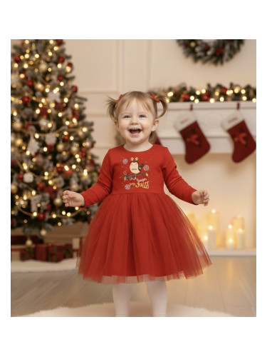 Ватирана коледна детска рокля Каренка с дълъг ръкав в червено с тюл