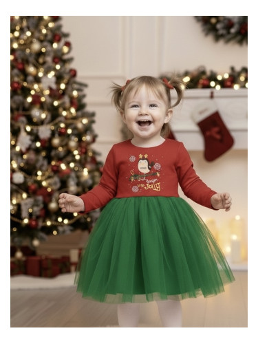 Детска коледна ватирана рокля Каренка с дълъг ръкав в червено със зеле