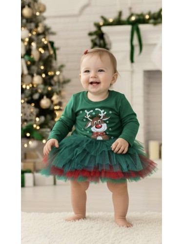 Ватирана бебешка детска коледна рокля Звън в зелено с тюл и еленче 