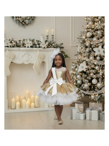 Коледна детска рокля с пайети в златисто с голяма панделка и тюл в бял