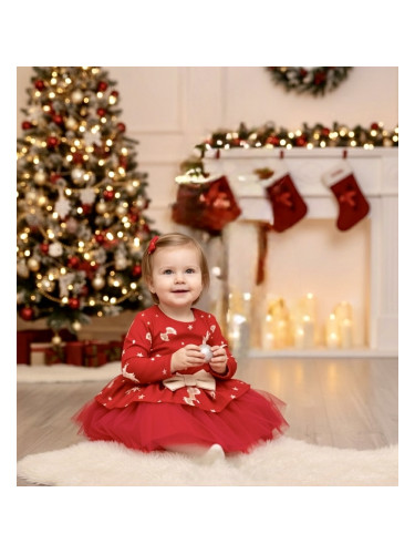 Бебешки рокля Надежда с дълъг ръкав с тюл в червено с еленчета и панде