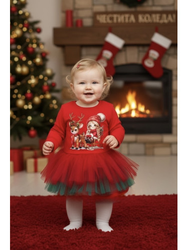 Ватирана коледна бебешка рокля в червено с еленче и момиченце и тюл в 