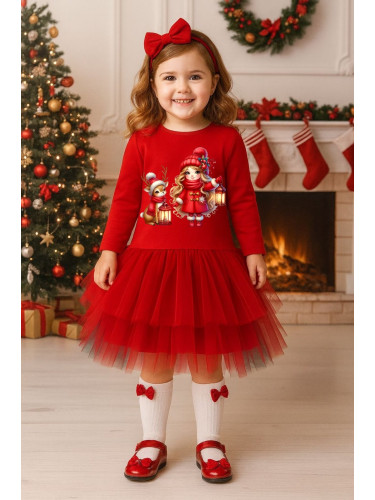Ватирана коледна рокля в червено с коледна картинка и тюл в червено и 