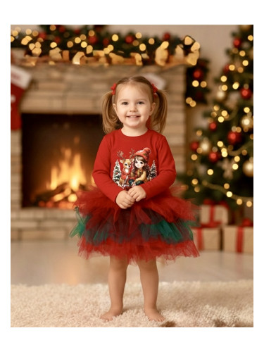 Ватирана коледна рокля в червено с коледна картинка с момиченце и сърн