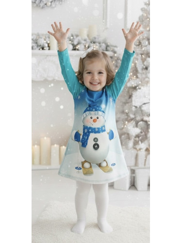 Коледна детска права рокля с дълъг ръкав със снежен човек