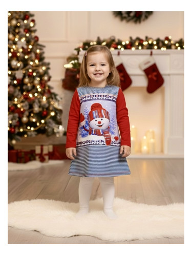 Коледна детска права рокля с дълъг ръкав със снежен човек