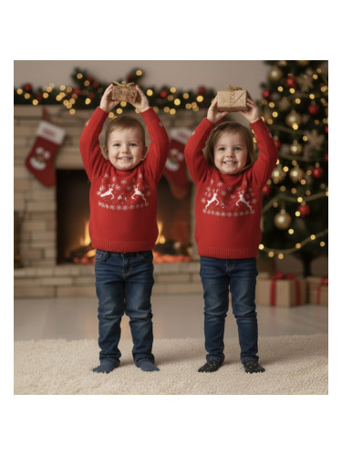 Детски коледен пуловер в червено за момче или момиче с еленчета