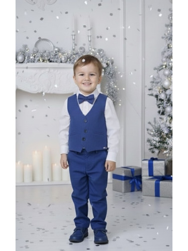 Официален костюм в синьо за момче от 4 части-елек с един реда копчета,
