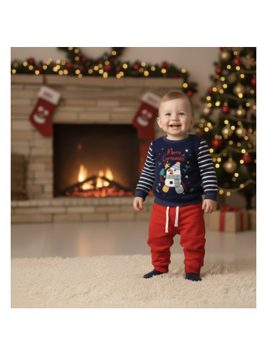 Коледен бебешки ватиран комплект в тъмносиньо и червено със снежен чов