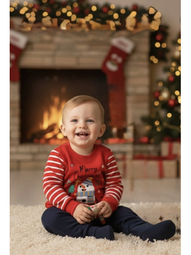 Коледен бебешки ватиран комплект в червено и тъмносиньо със снежен чов