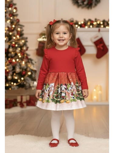 Ватирана коледна рокля с коледна картинка на Мини и Мики Маус за момич