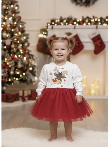 Детска ватирана рокля тип блузка и пола в екрю с картинка на еленче и 