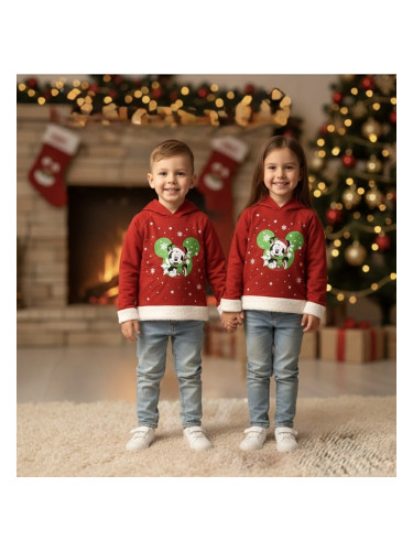 Коледна ватирана блуза в червено с качулка и с коледно Мини