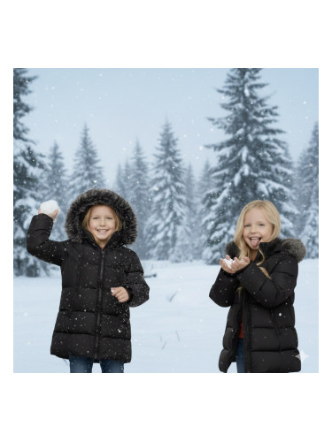 Детско зимно яке за момиче с качулка в черно с джобчета