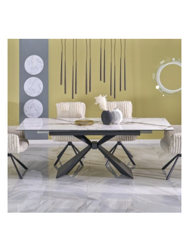 Трапезна маса Мебели Богдан модел LUCIANO, разтегателна, бял мрамор/черно
