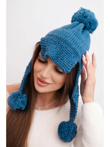 Kesi Women's winter cap with wool, brim and pom poms K475, denim