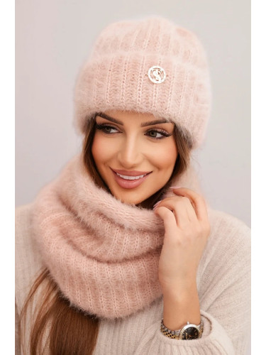 Polski Women's set hat and winter fluffy snood with decorative emblem light powder pink