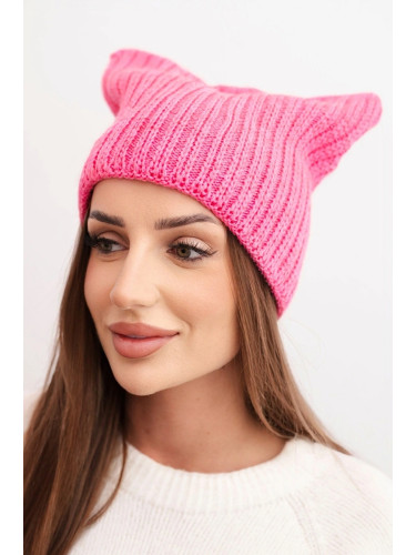 Kesi Women's winter hat with wool in a cat-style design made of ribbed knit K419 pink