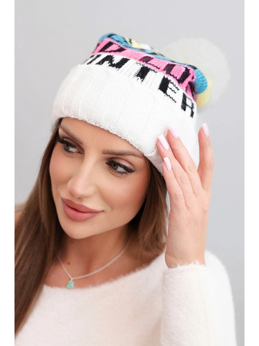 Kesi Women's winter cap with wool and lettering with a large pom-pom K422 white