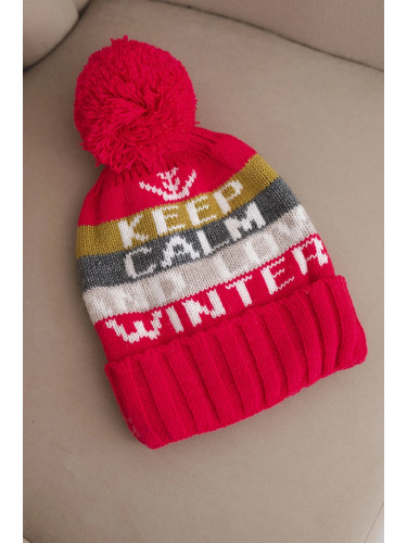 Kesi Women's winter hat with wool and lettering with a large pompom K422 fuchsia