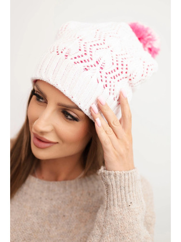 Kesi Women's winter hat with wool in decorative knit with pom-pom K467 white + pink