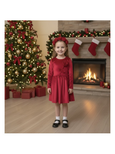 Детска плюшена рокля клош в червено с дълъг ръкав с цвете от плюш