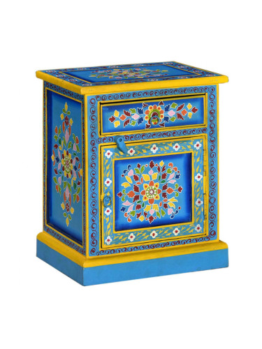 Sonata H Нощно шкафче, мангово дърво масив, тюркоаз, ръчно рисувано