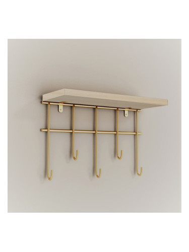 Стенен рафт Parikkala с 5 куки, естествен/златист цвят []