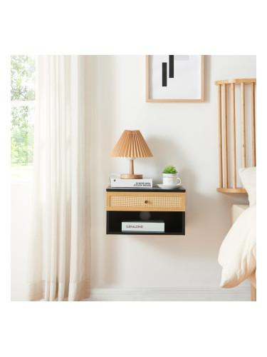 Стенен рафт Eiker с чекмедже 40x32x23 см черно/ратан []