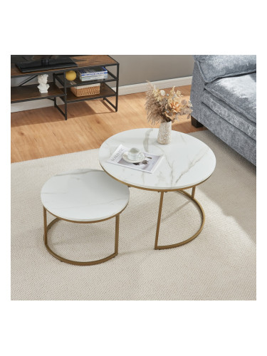 Комплект маси за кафе Крайстчърч от 2 броя, мраморна визия, бяло/златно []