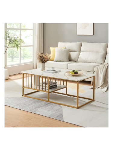 Холна маса Raukurg 120x60x44 см мраморна визия, бяло/златно []