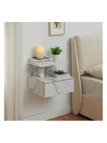 Висящо нощно шкафче Amberg с чекмедже, мраморна визия, бяло []