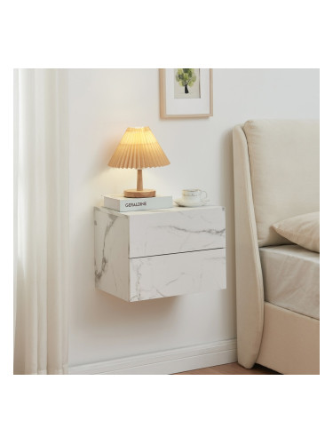 Нощно шкафче Ampfing с 2 чекмеджета, мраморна визия, бяло []